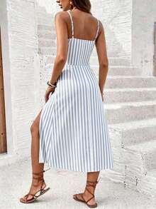 SHEIN Frenchy Women's Mid-Length Spaghetti Strap Striped Split Bowknot Cami Dress - Baby Blue - View 2