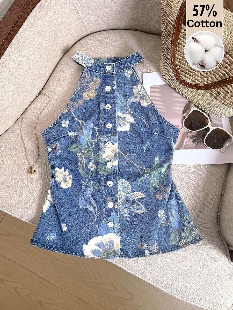 SHEIN Unity 女款休閒藍色花卉印花掛脖牛仔上衣,夏季波希米亞度假風無袖鈕扣開襟優雅時尚沙灘上衣 - 淺色水洗藍 - 查看 1
