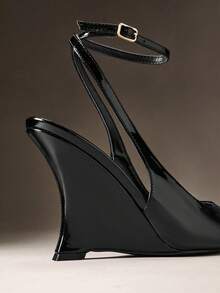 Hauture Women's Fashionable Sexy Pointy Toe Ankle Strap Wedge Pumps - Black - View 6