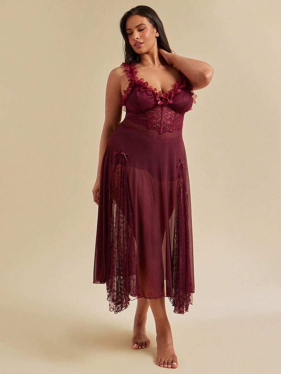 SHEIN BAE CURVE 大码女式性感蕾丝花网眼吊带裙,鱼骨腰设计 - 紫紅色 - 查看 1