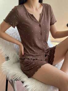 Livesso 女士夏季波点图案开衫短袖上衣和短裤两件套睡衣套装 - 棕色 - 查看 4