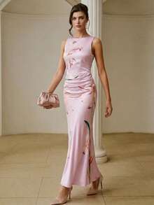 ZEYLAH Women's Floral Print Pleated Elegant Mermaid Dress - Pink - View 1