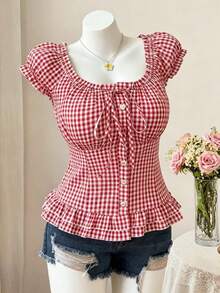 Sweetra Red & White Plaid Fitted Short Sleeve Cropped Shirt, Spring/Summer - Red and White - View 1