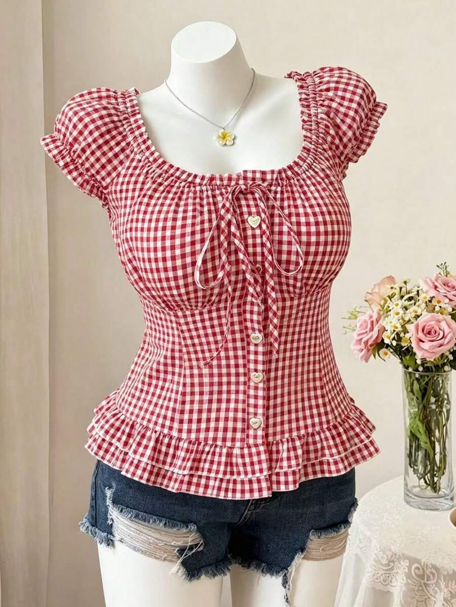 Sweetra Red & White Plaid Fitted Short Sleeve Cropped Shirt, Spring/Summer - Red and White - View 1
