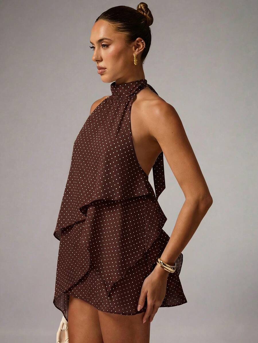 Avenya Brown And White Polka Dot Sleeveless Mini Dress With Flared Skirt Date Night Summer Ellegant - Multicolor - View 1
