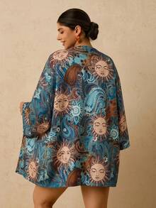 Travachic Plus Size Women's Navy Blue Ocean Fish Print Cover-Up, Mid-Length Sleeve Loose Kimono Top, Romantic Boho Early Summer Beach Vacation Hot Pattern Shirt - Multicolor - View 2
