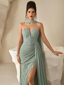 Coutiva Women's Contrast Lace Ribbon Design Pleated Elegant Side Slit Evening Gown - Mint Green - View 6