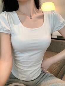 DAZY 女款方領休閒純色修身T恤 夏季 - 白色 - 查看 6