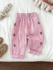 LMoss Kids Celana Panjang Longgar Model Meruncing Motif Bordir Bunga Denim Khaki untuk Bayi Perempuan - Berwarna merah muda - View 10