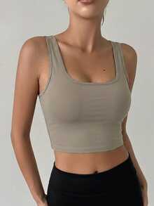 DAZY Square Neck Solid Color Minimalist Wireless Backless Long Sports Bra - Khaki - View 4