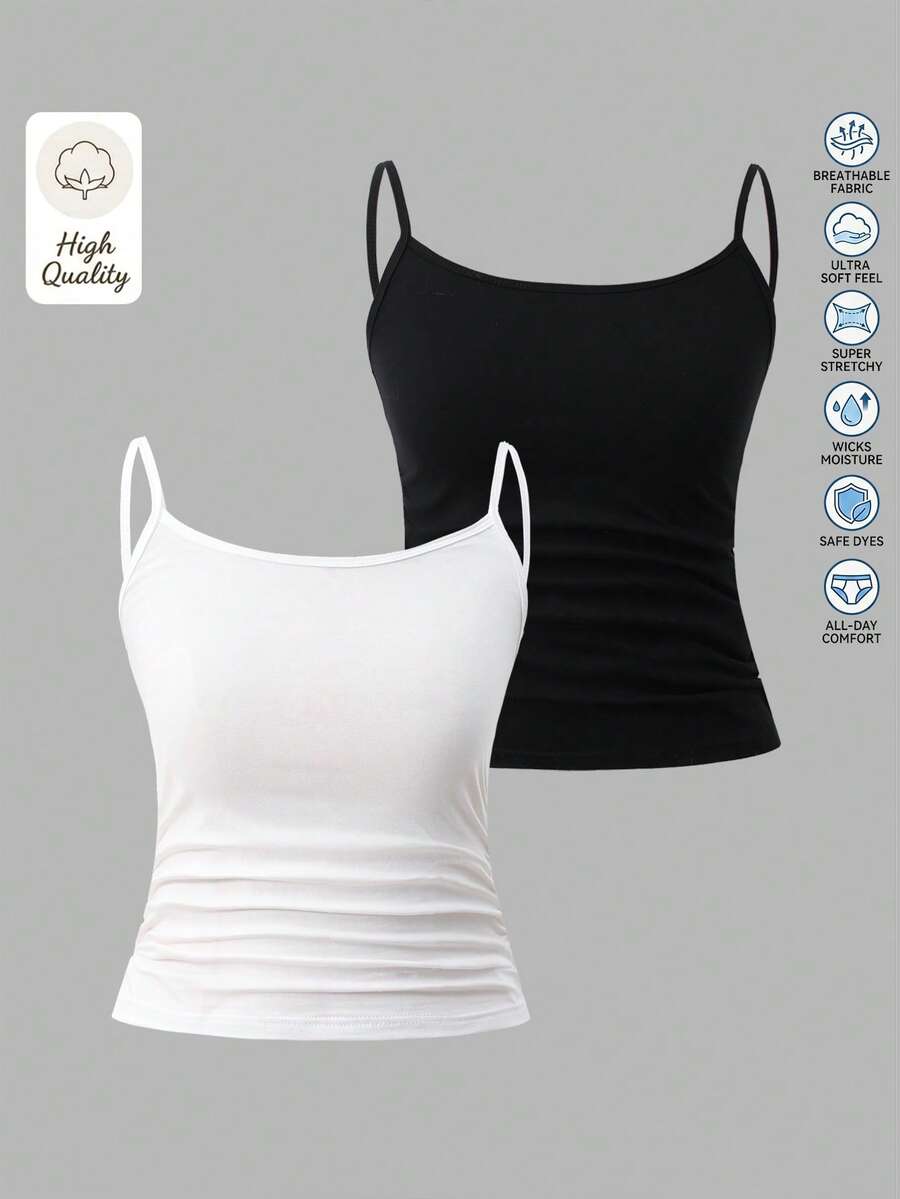 2pcs/Set Girls Regular Basic Minimalist Solid Color Camisole Tank Top Underwear Set - Multicolor - View 1