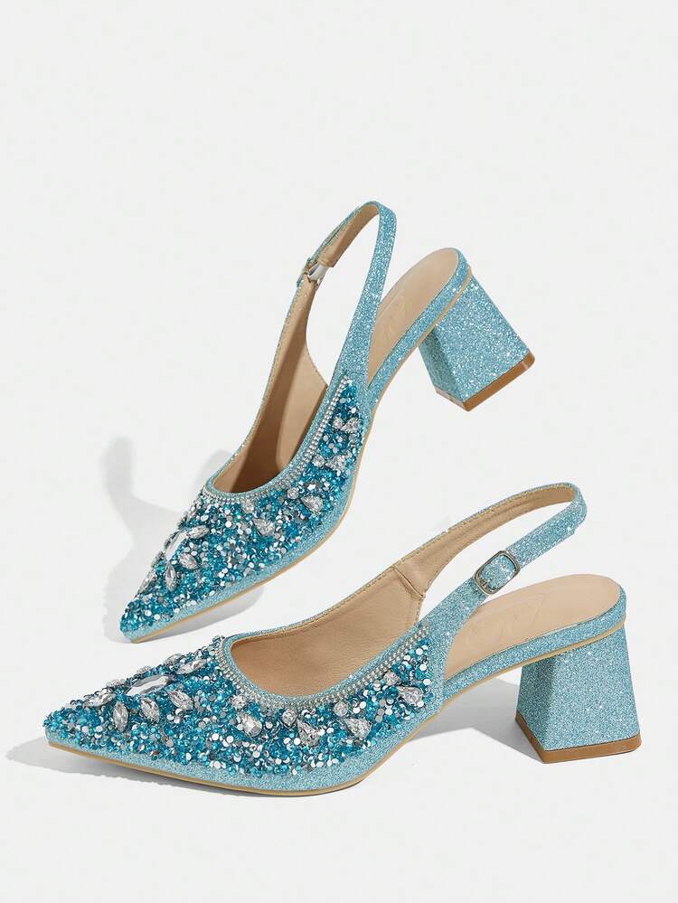 CUCCOO TILAWA Women's Shoes Square Heel Glass Rhinestone Decorative Pointed Women's High-Heeled Shoes, Suitable For Going Out, Banquets, Parties And Other Activities
