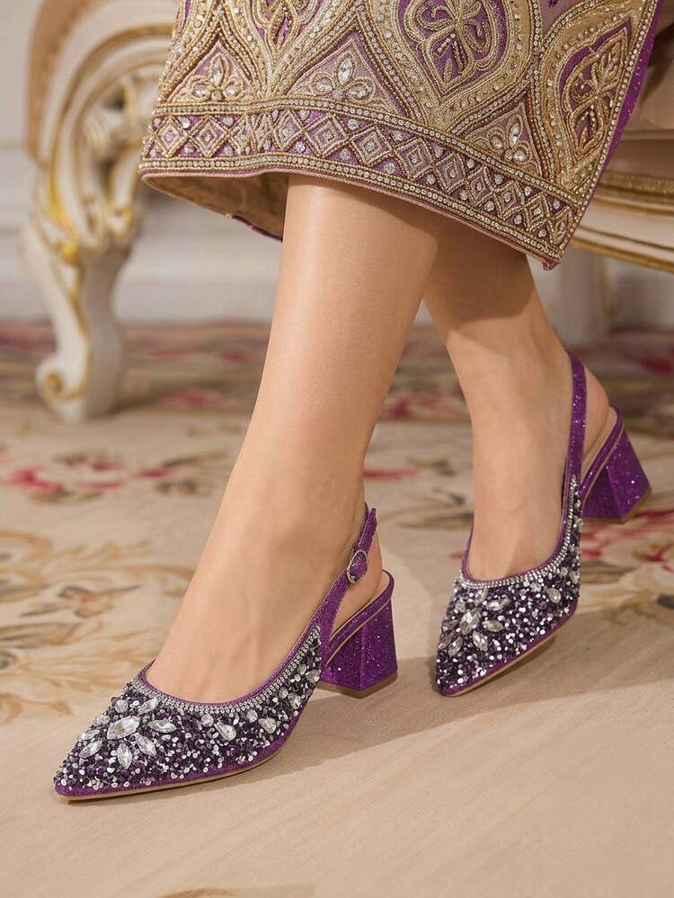 CUCCOO TILAWA Women's Shoes Square Heel Glass Rhinestone Decorative Pointed Women's High-Heeled Single Shoes, Suitable For Going Out, Banquets, Parties And Other Activities