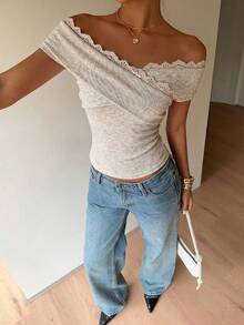 Siren Gaze Women's Off-Shoulder Lace Trim Fitted T-Shirt Suitable For Daily Wear - Apricot - View 4