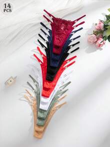 SHEIN 14pcs/Set Romantic Lace Low Waist Thong Panties With Rhinestone Decor Elegant Underwear - Multicolor - View 2