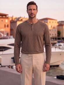 Officeau Men's Casual Solid Color Henley Neck Long Sleeve Undershirt, Comfortable & Soft, Versatile For All Seasons,Fall - Brown - View 7