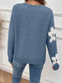 EMERY ROSE Autumn/Winter Casual Floral Pattern Women's Sweater - Blue - View 2