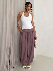 Glamine Women's Elegant Sexy Vacation Wide Waist Bubble Leg Loose Fit Pants - Apricot - View 2