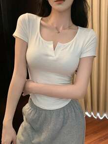 DAZY Women's Spring/Summer Casual Solid Color Fitted T-Shirt - White - View 6