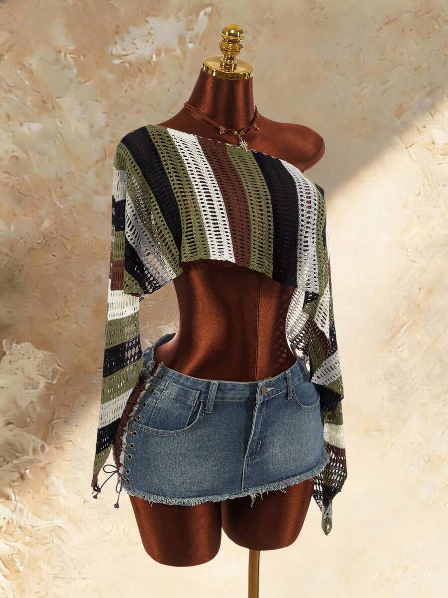 Amplova Crochet Striped Hollow Out Vintage Women's Cover-Up Shawl