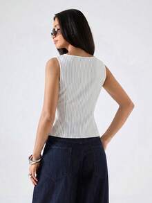 SHEIN EZwear 大尺碼女款條紋針織抓皺繫帶不對稱下擺T恤 - 白色 - 查看 2