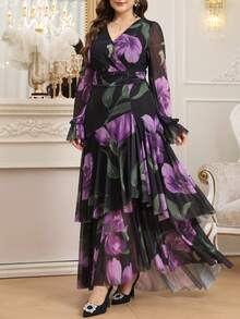 SHEIN Clasi Đầm dài nữ size lớn thời trang mới, họa tiết in, gấu bèo sóng, eo cao co giãn tốt, chiết eo tôn dáng, che khuyết điểm, đầm thu, đầm xếp ly, đầm hoa - Nhiều màu - Xem 3