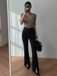 DAZY Solid Color Slit Flared Elegant Jeans - Black - View 10