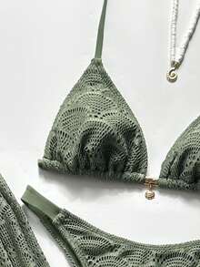 SHEIN Swim Chicsea 26SS 春夏度假海灘波希米亞風編織棕紅色比基尼泳衣附長褲 3件組 - 綠色 - 查看 3