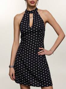 INAWLY Women's New Polka Dot Print Backless Mini Dress - Black - View 1