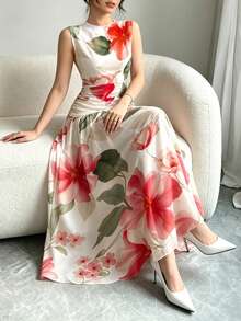 Modelyn 红色印花V领无袖长款连衣裙，女士时尚褶皱腰身长裙，白色花卉图案夏季度假优雅连衣裙 - 彩色 - View 6
