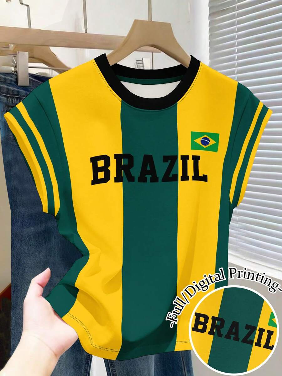 Franclia 女款圓領短袖荷葉袖巴西國旗字母印花圖案上衣 T-shirt 足球球迷日常綠黃配色夏季休閒街頭風 - 彩色 - 查看 1