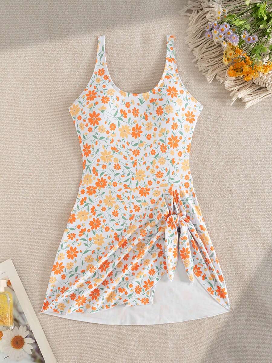 SHEIN Swim 女士沙滩度假印花连体泳衣 - 淡黃色 - 查看 1