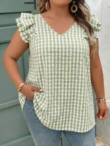 SHEIN CURVE+ Plus Size Women's Casual Polka Dot Print Ruffle V-Neck Blouse, Summer - Green - View 3