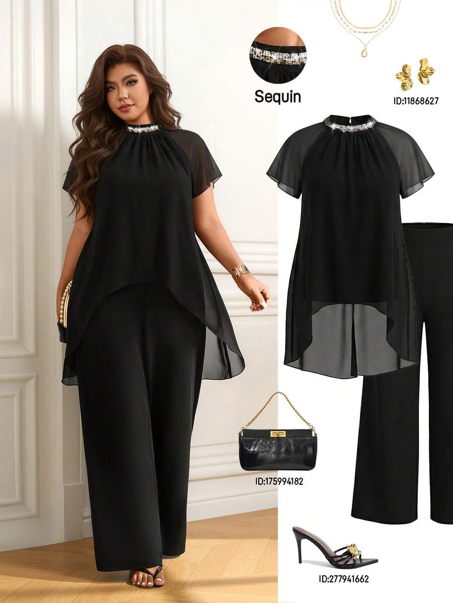 Femmeverse Women's Plus Size Pleated Halter Neck Sequin Patchwork New Raglan Sleeve Two Pieces Set High Waist Loose Wide Leg Pants Long Pants Set - Black - View 1