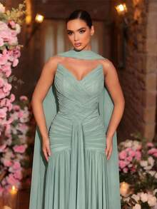 Glamrae Elegant, , Fashionable Elastic Mesh Handmade Ruched A-Line Dress, Suitable For Party, Wedding Guest, Pink Color, And Formal Evening Gown - Mint Green - View 4