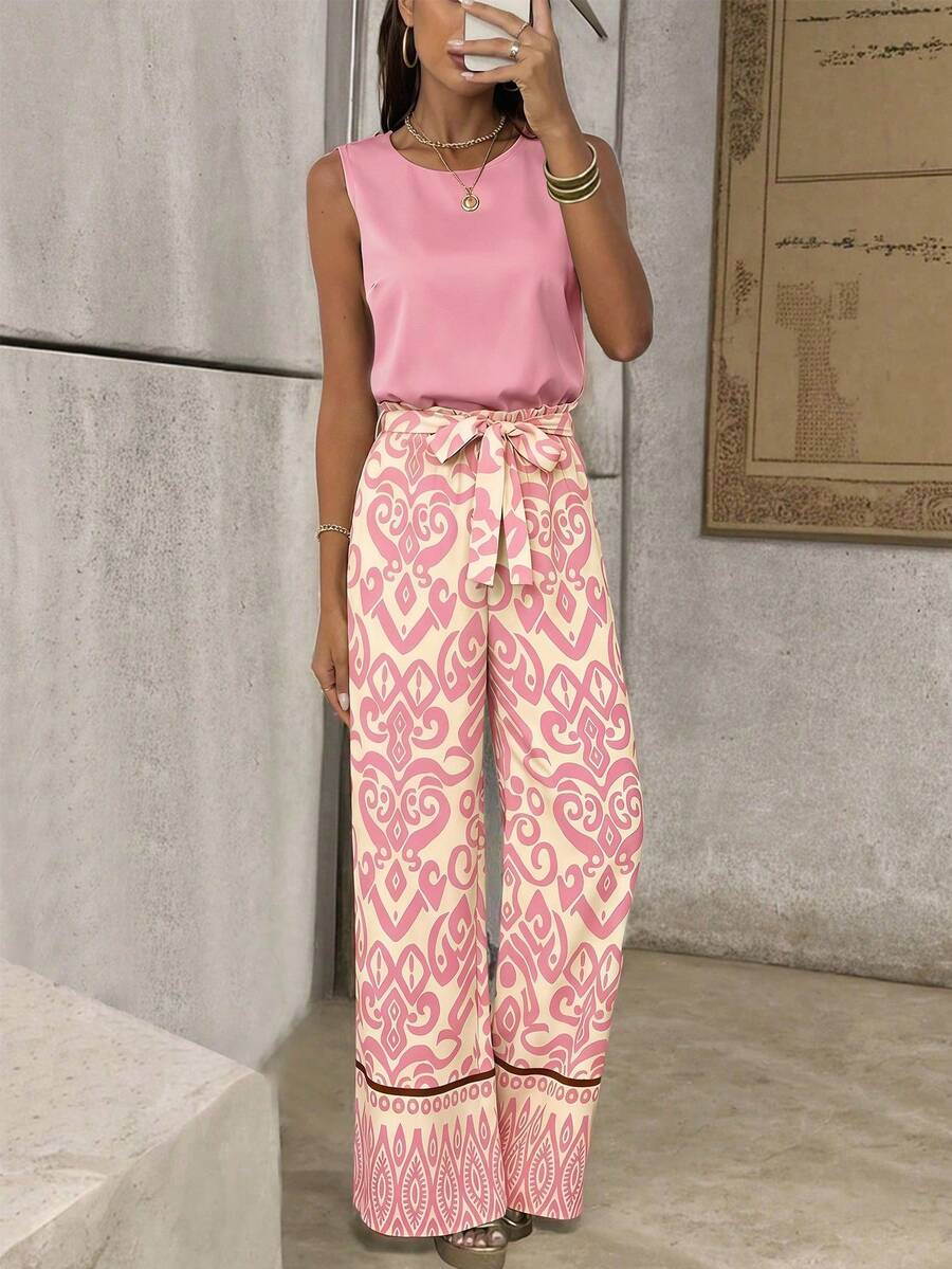 Breezaya Set da 2 pezzi da donna casual per vacanze con canotta tinta unita e pantaloni con cintura in vita a sacchetto e stampa all-over, primavera/estate - Rosa - Visualizzare 1