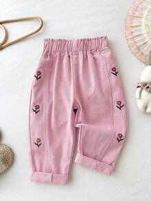 LMoss Kids Celana Panjang Longgar Model Meruncing Motif Bordir Bunga Denim Khaki untuk Bayi Perempuan - Berwarna merah muda - View 6