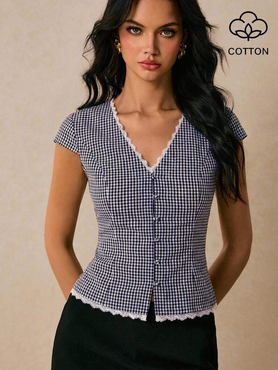 Poéselle 女款夏季休閒度假風印花V領蕾絲飾邊短袖修身上衣 - 藏蓝色 - 查看 1