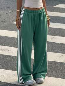Muchica Plus Size Colorblock Striped Casual Loose Pants - Green - View 1