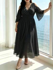 Franclia 大尺碼女款優雅素色荷葉邊長洋裝，適合春夏季 - 黑色 - 查看 6