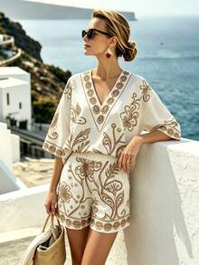 Breezaya Black & White Floral Print Vacation Set Women's Summer V-Neck Loose Top + High Waist Shorts Casual Two Pieces Set - Multicolor - View 3