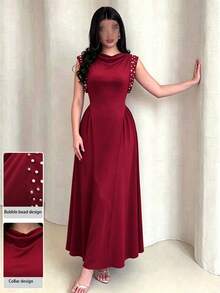 Modelyn Elegant Women's Cowl Neck Dress With Sequin Embellishment, Asymmetric Waist Design And Flared Hem - Burgundy - View 7