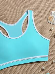 Teen Girl Colorblock Tank Top And Triangle Bikini Bottom Swimsuit Set For Beach Vacation - Mint Blue - View 3
