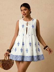 Travachic Plus Size Summer Sleeveless Tie Neck Allover Print Dress - Blue and White - View 6