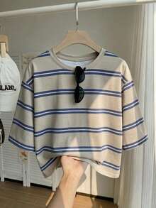 Comfortcana Camiseta de talla grande con estampado de rayas, cuello redondo y manga corta, de algodón, adecuada para uso diario - Multicolor - Ver 3