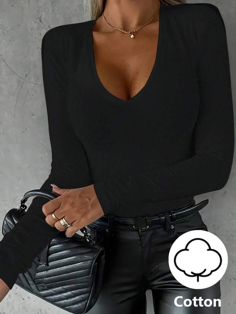 Spring/Summer New Women's Solid Color Long Sleeve Casual Versatile T-Shirt - Black - View 1