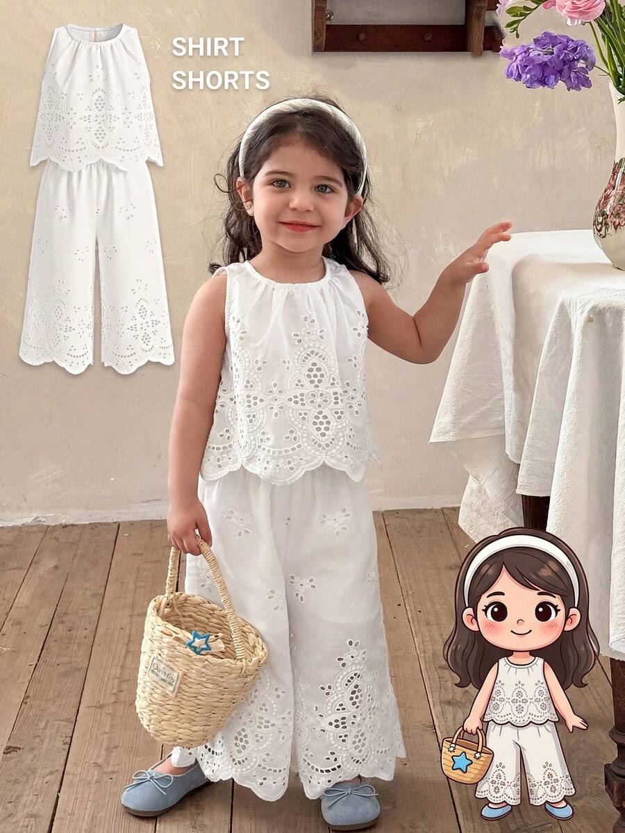 SHEIN LMoss Kids Babygirl 可爱夏日度假白色花卉刺绣宽松吊带背心和松紧腰裤套装 - 米色 - 查看 1