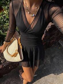 DAZY Solid Halter One Piece Swimsuit Summer Sheer,Beach Women Outfits Vacation - Black - View 11