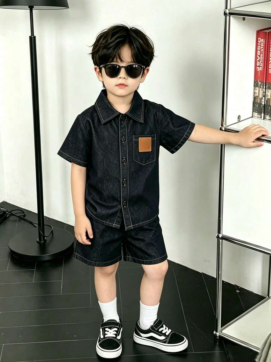 SHEIN 2件裝小男孩酷炫工裝風黑色丹寧領皮革標籤短袖襯衫與運動短褲套裝,適合日常出遊、戶外玩耍、休閒度假、返校,春夏季適用 - 黑色 - 查看 1