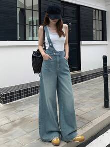 DAZY Women's Casual One Shoulder Wide Leg Denim Overalls, Summer - Medium Wash - View 9